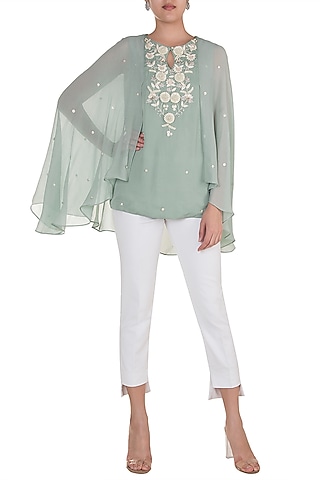 Ice Blue Embroidered Cape Top by Varsha Wadhwa
