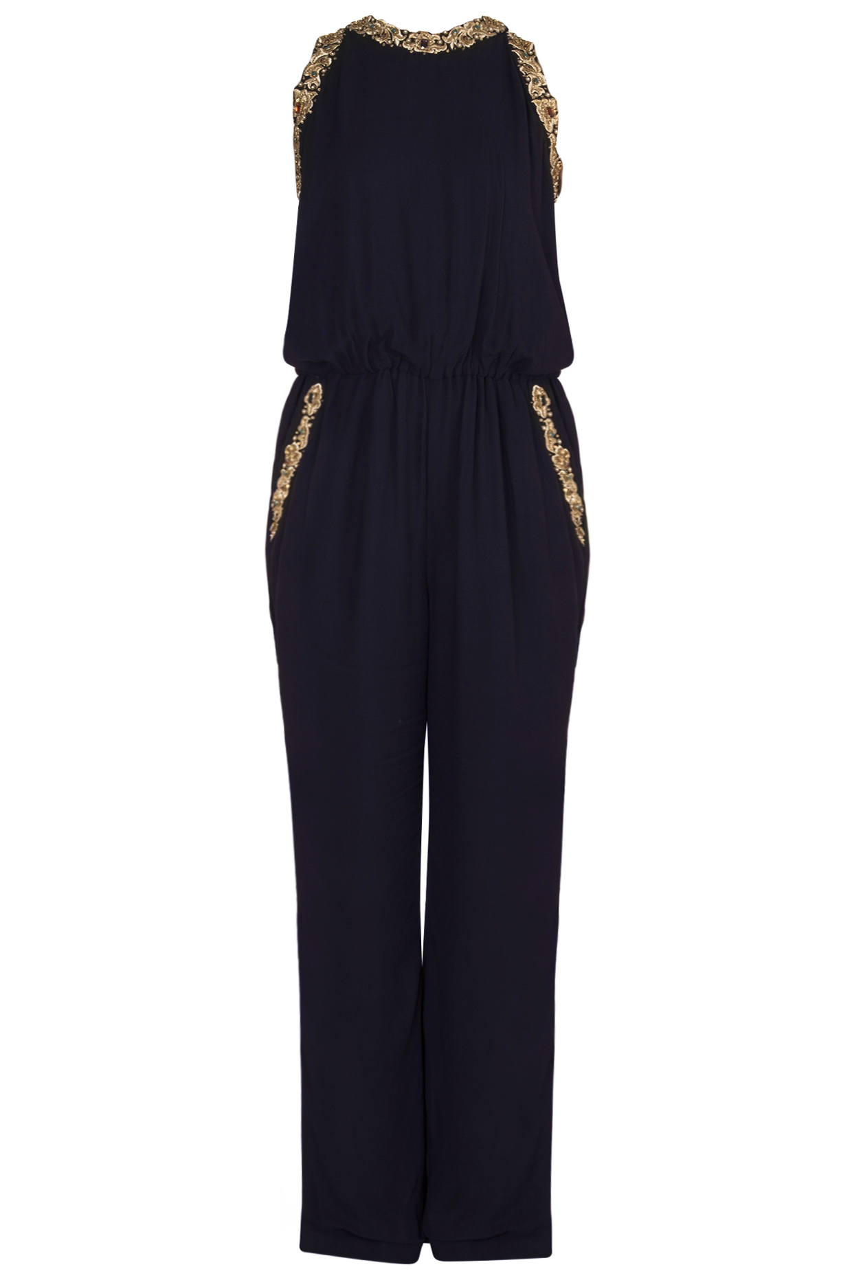 Midnight Blue Embroidered Jumpsuit by Varsha Wadhwa at Pernia's Pop Up Shop