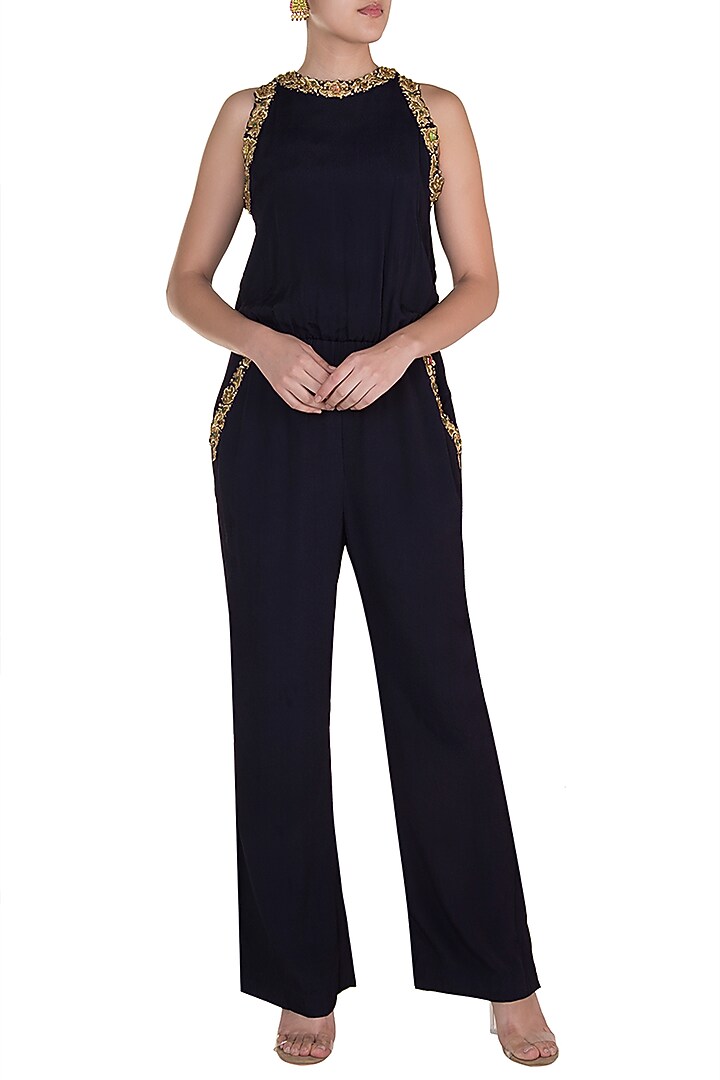 Midnight Blue Embroidered Jumpsuit by Varsha Wadhwa at Pernia's Pop Up Shop