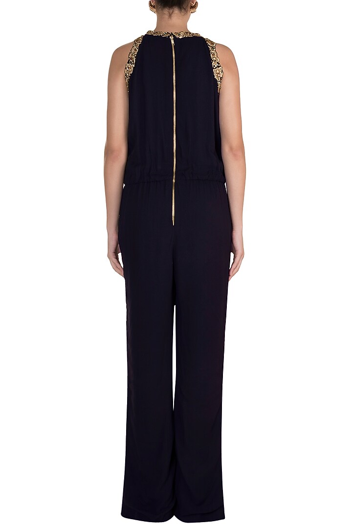 Midnight Blue Embroidered Jumpsuit by Varsha Wadhwa at Pernia's Pop Up Shop