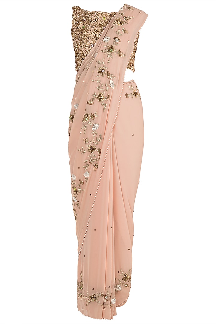 Tea Rose Embroidered Saree Set by Varsha Wadhwa