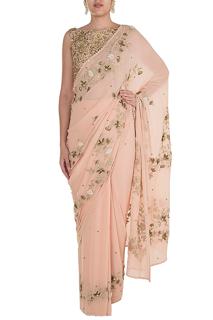 Tea Rose Embroidered Reception Saree Set by Varsha Wadhwa at Pernia's Pop Up Shop