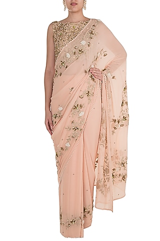 Tea Rose Embroidered Saree Set by Varsha Wadhwa