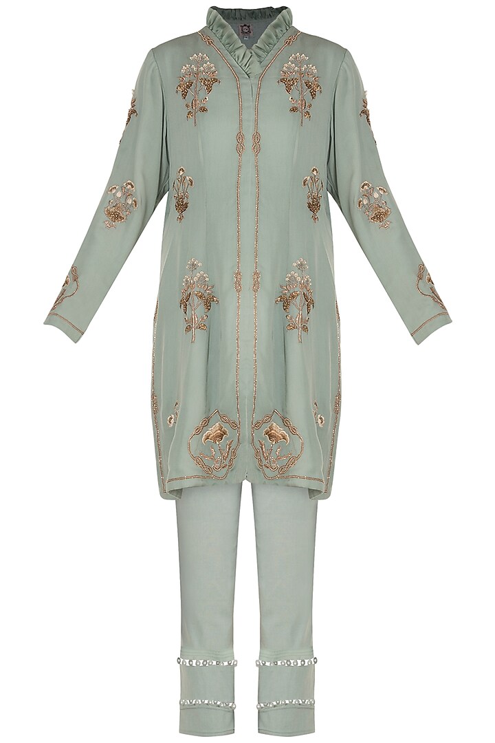 Ice blue Embroidered Short Jacket With Cropped Pants by Varsha Wadhwa