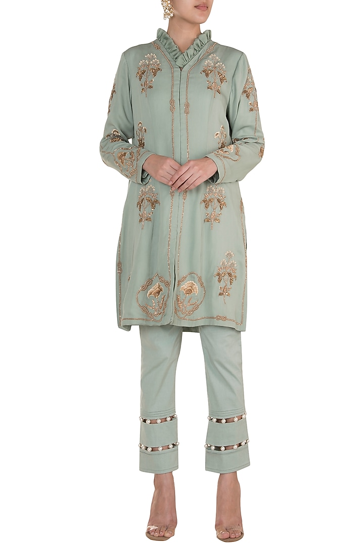 Ice blue Embroidered Short Jacket With Cropped Pants by Varsha Wadhwa at Pernia's Pop Up Shop