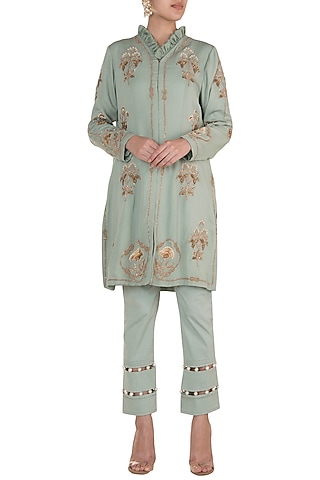 Ice blue Embroidered Short Jacket With Cropped Pants by Varsha Wadhwa