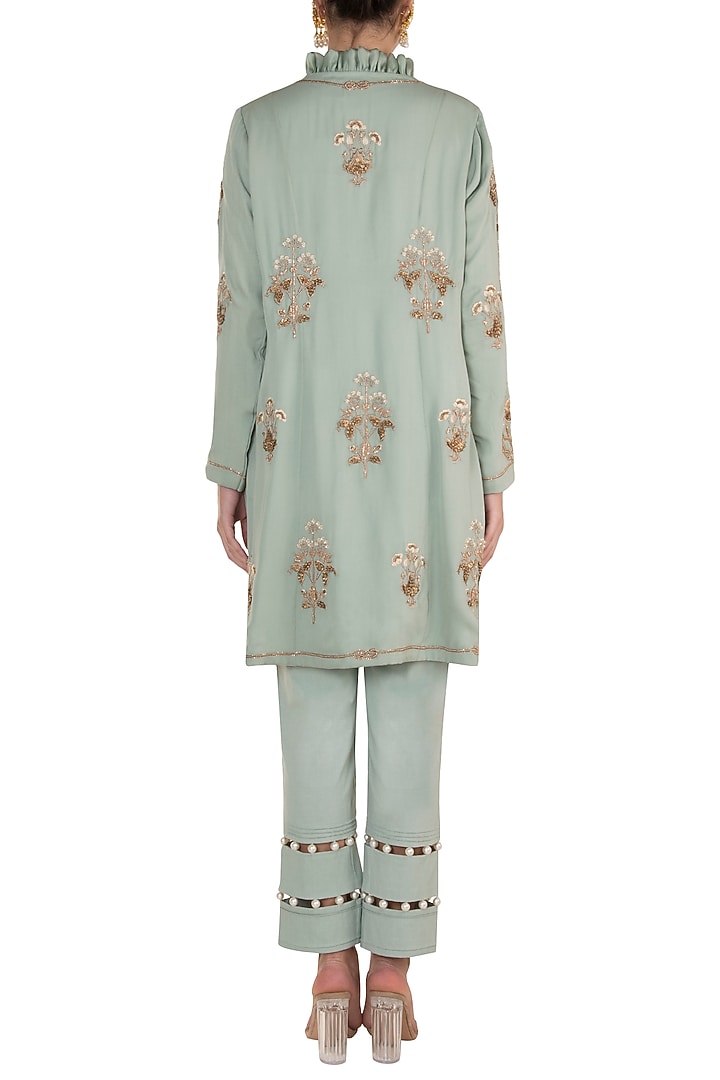 Ice blue Embroidered Short Jacket With Cropped Pants by Varsha Wadhwa at Pernia's Pop Up Shop