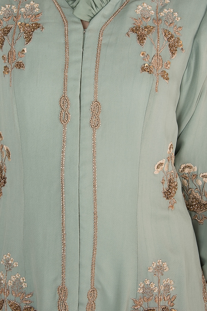 Ice blue Embroidered Short Jacket With Cropped Pants by Varsha Wadhwa at Pernia's Pop Up Shop