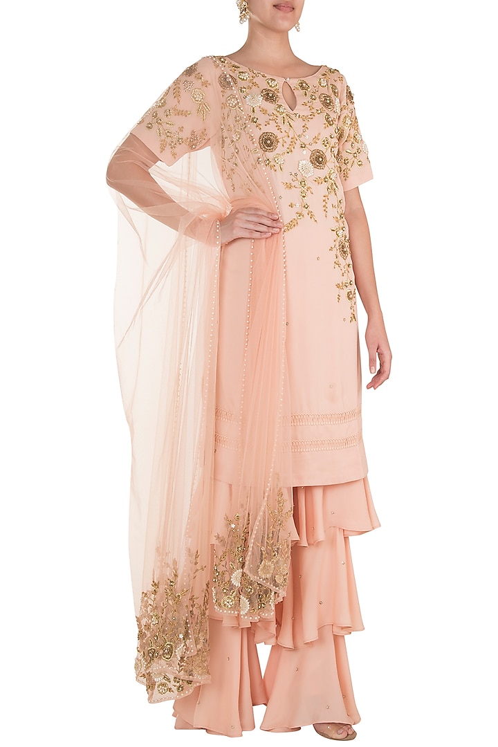 Tea Rose Embroidered Wedding Sharara Set by Varsha Wadhwa at Pernia's Pop Up Shop