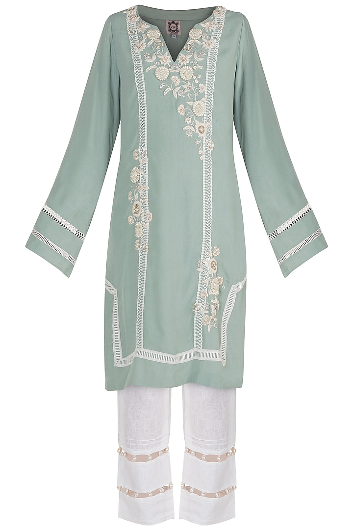 Ice Blue Embroidered Kurta With Cropped Pants by Varsha Wadhwa