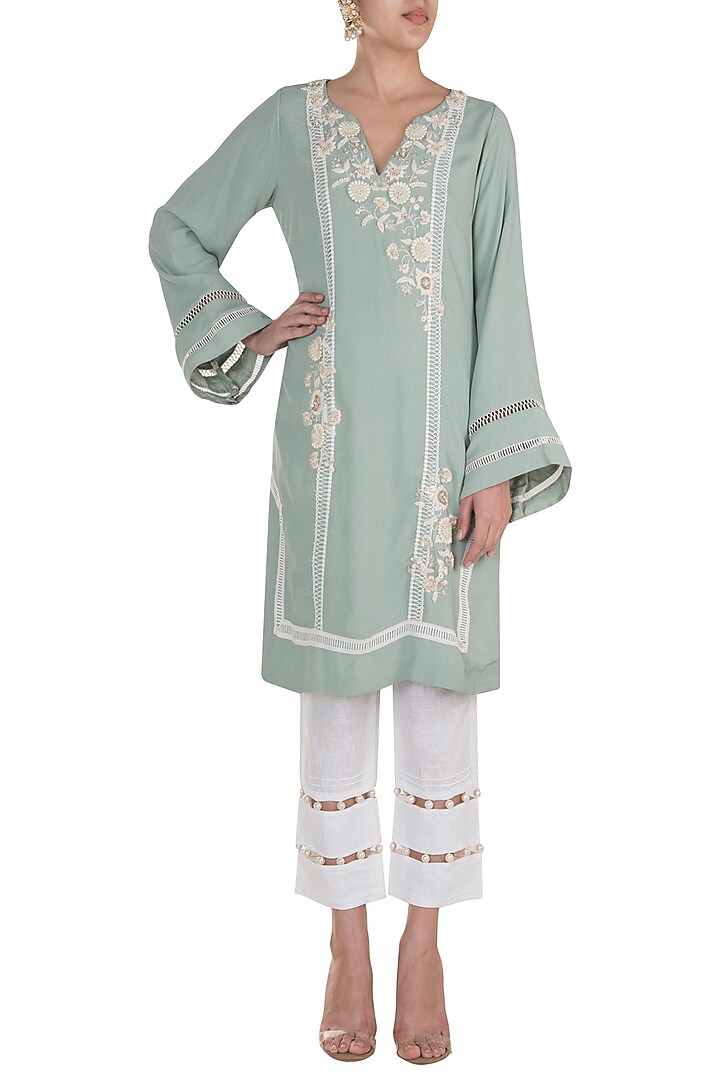 Ice Blue Embroidered Kurta With Cropped Pants by Varsha Wadhwa at Pernia's Pop Up Shop