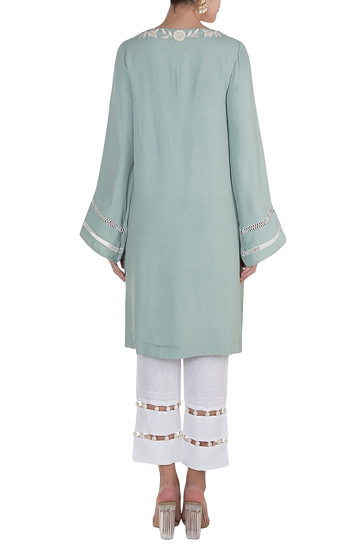 Ice Blue Embroidered Kurta With Cropped Pants by Varsha Wadhwa at Pernia's Pop Up Shop