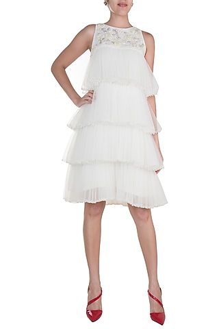 White Embroidered Tiered Dress by Varsha Wadhwa