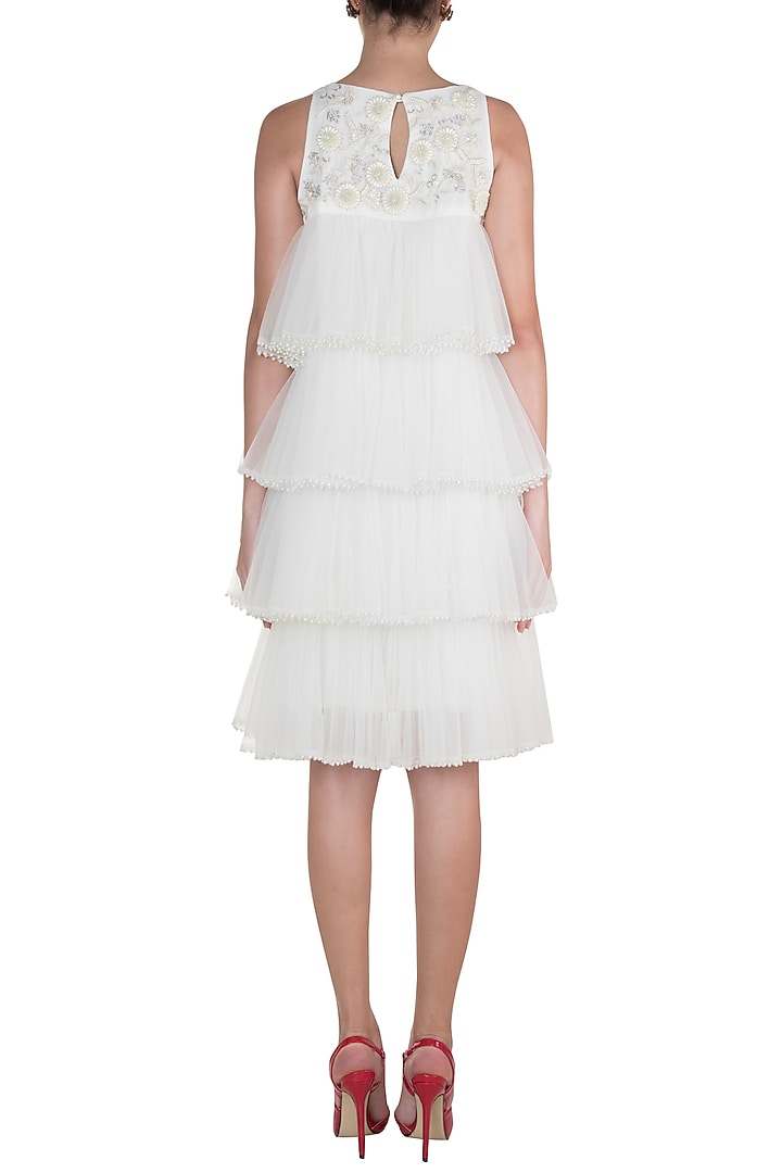 White Embroidered Tiered Vacation Dress by Varsha Wadhwa at Pernia's Pop Up Shop