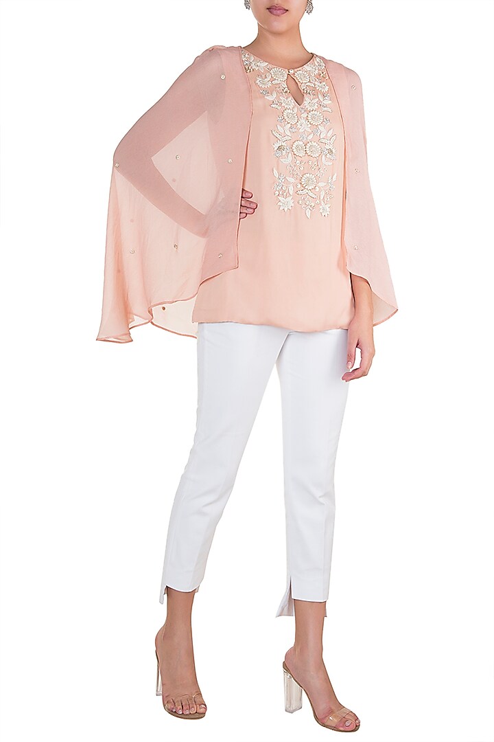 Tea Rose Embroidered Cape Top by Varsha Wadhwa at Pernia's Pop Up Shop