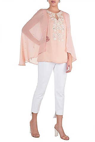 Tea Rose Embroidered Cape Top by Varsha Wadhwa