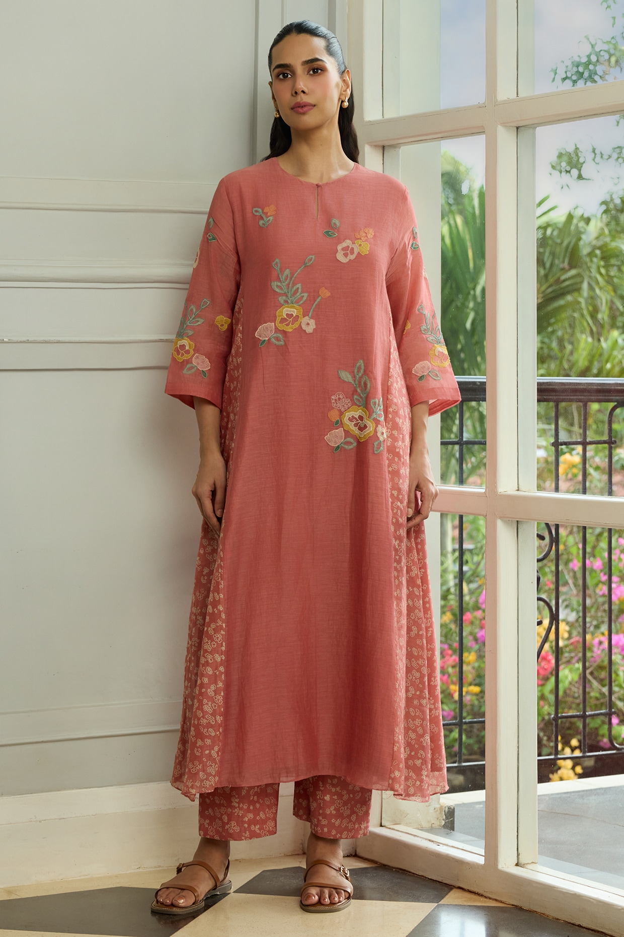 Vaayu Blush Muslin Cotton Applique Embroidered & Printed Co-Ord Set