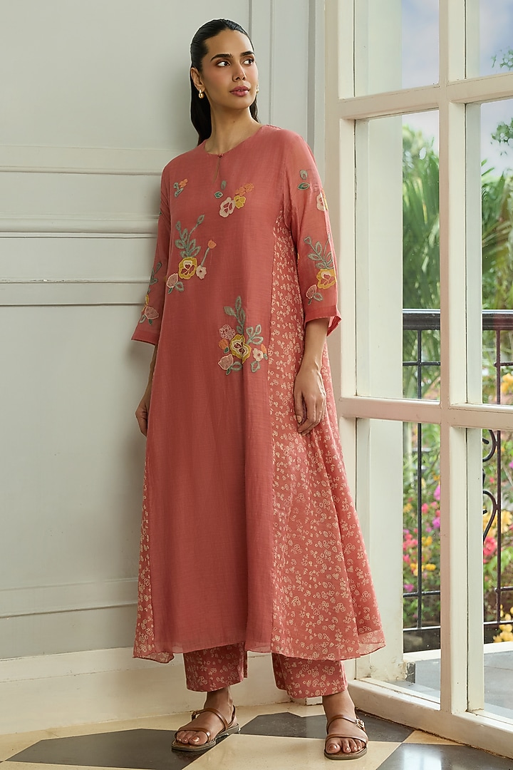 Blush Muslin Cotton Applique Embroidered & Printed Co-Ord Set by Vaayu at Pernia's Pop Up Shop