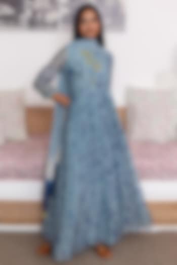 Azure Blue Cotton Muslin Printed Party Wear Anarkali Set by Vaayu at Pernia's Pop Up Shop