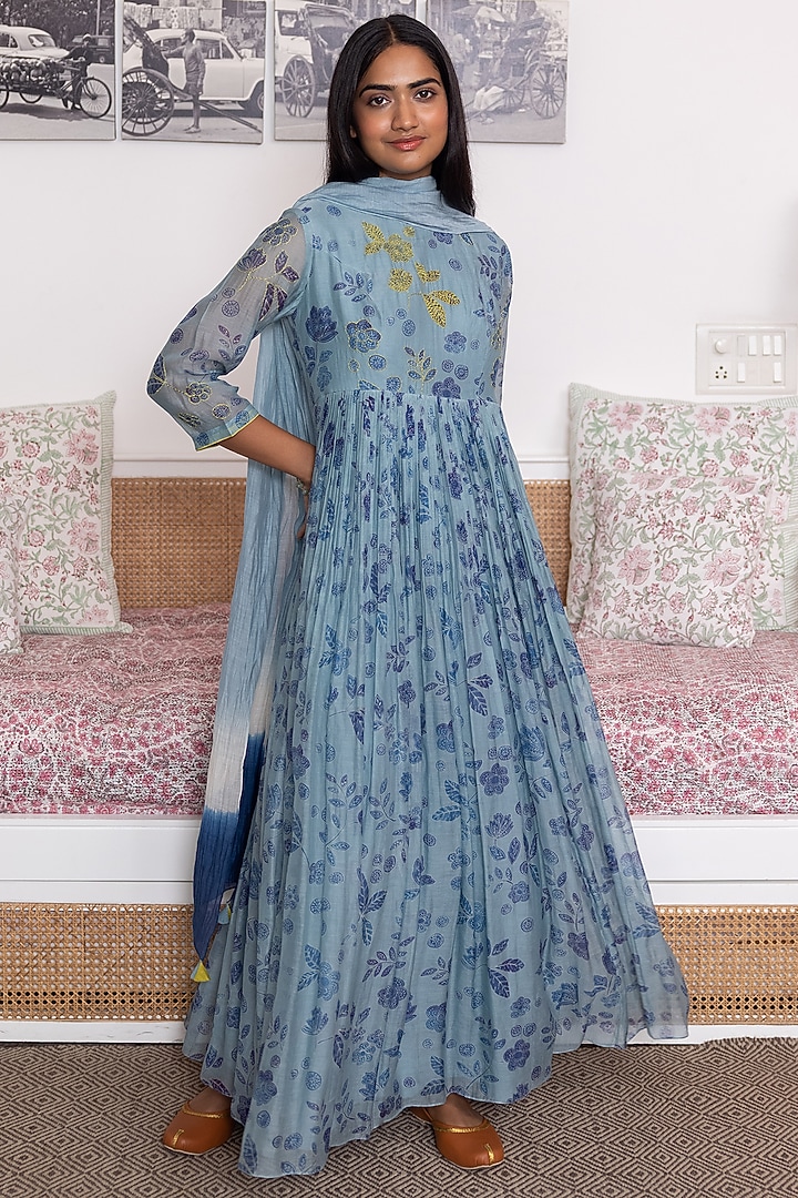 Azure Blue Cotton Muslin Printed Party Wear Anarkali Set by Vaayu at Pernia's Pop Up Shop