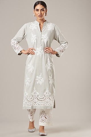 Grey Pure Cotton Chambray Kurta Set by Vibrance by Ananya
