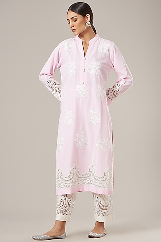 Baby Pink Pure Cotton Chambray Kurta Set by Vibrance by Ananya