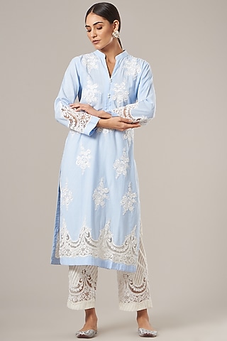 Sky Blue Pure Cotton Chambray Kurta Set by Vibrance by Ananya