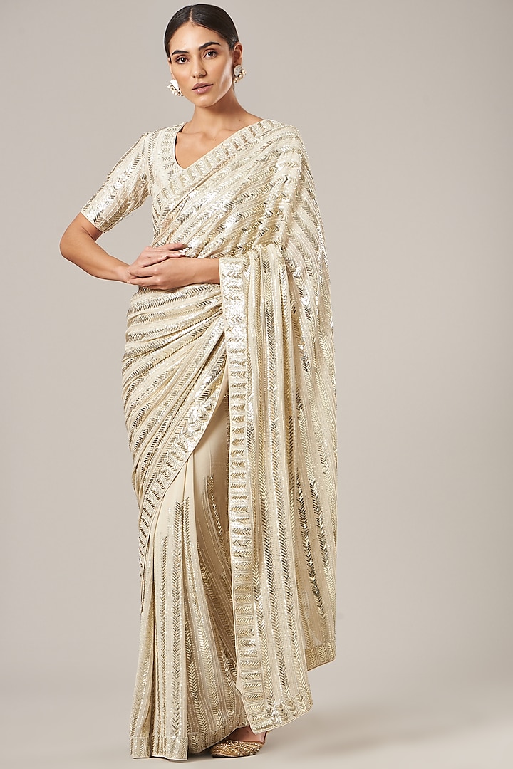 Champagne Gold Embroidered Saree Set by Vibrance by Ananya