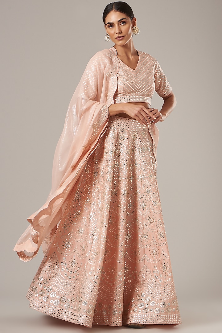 Peach Embroidered Lehenga Set by Vibrance by Ananya