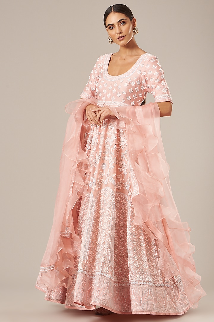 Peachy Pink Embroidered Anarkali Set by Vibrance by Ananya