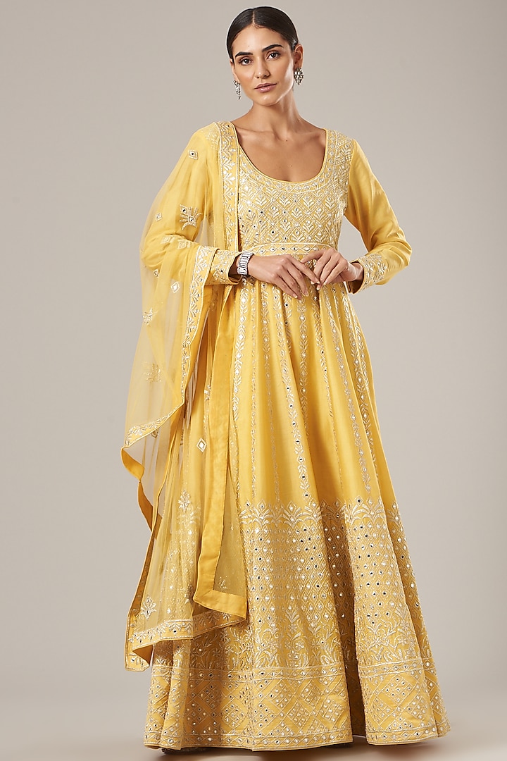 Yellow Embroidered Anarkali Set by Vibrance by Ananya
