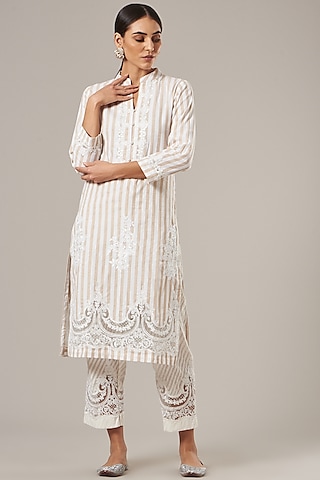 Beige Pure Cotton Kurta Set by Vibrance by Ananya