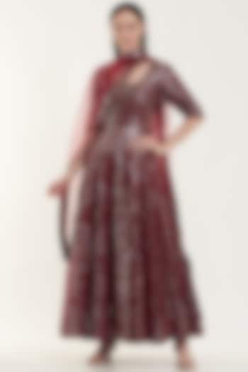 Maroon Hand Embroidered Anarkali Set by Vibrance by Ananya