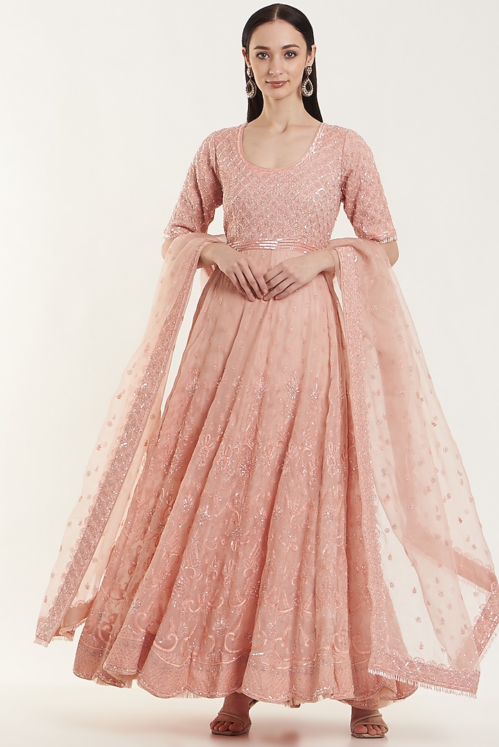 Blush Pink Hand Embroidered Anarkali Set by Vibrance by Ananya