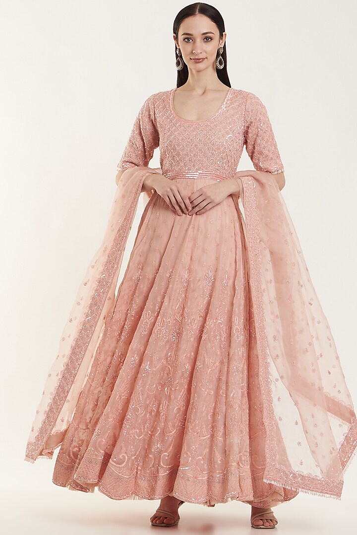 Blush Pink Hand Embroidered Anarkali Set by Vibrance by Ananya at Pernia's Pop Up Shop