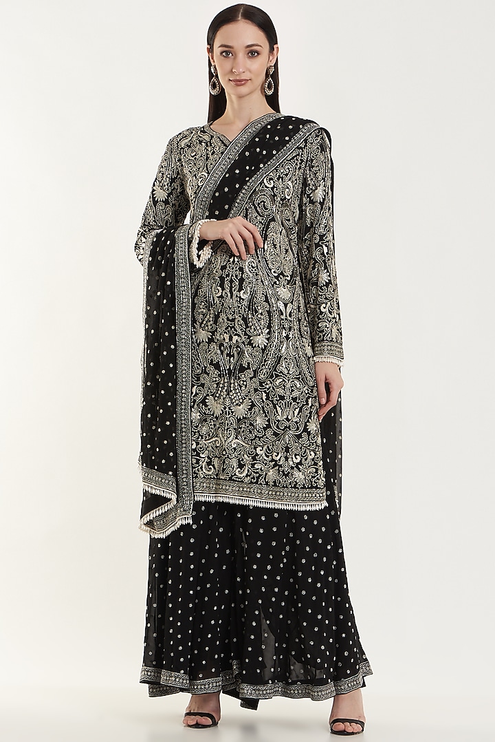 Black Embroidered Sharara Set by Vibrance by Ananya