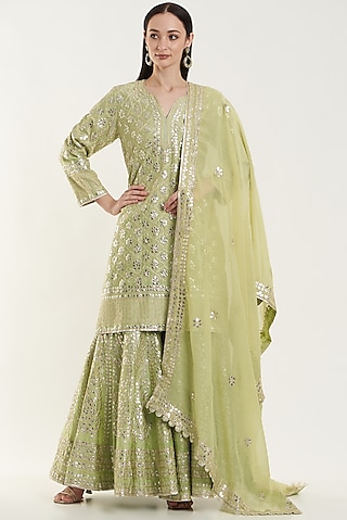 Mint Green Embroidered Gharara Set by Vibrance by Ananya