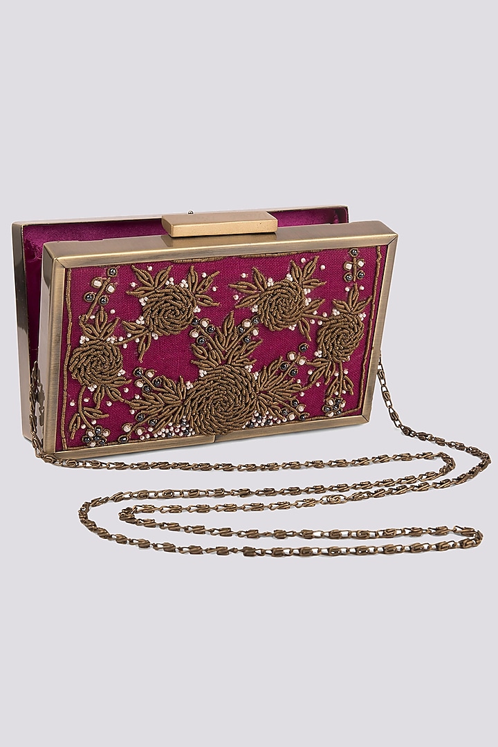 Rani Pink Embroidered Clutch by Vareli Bafna Designs