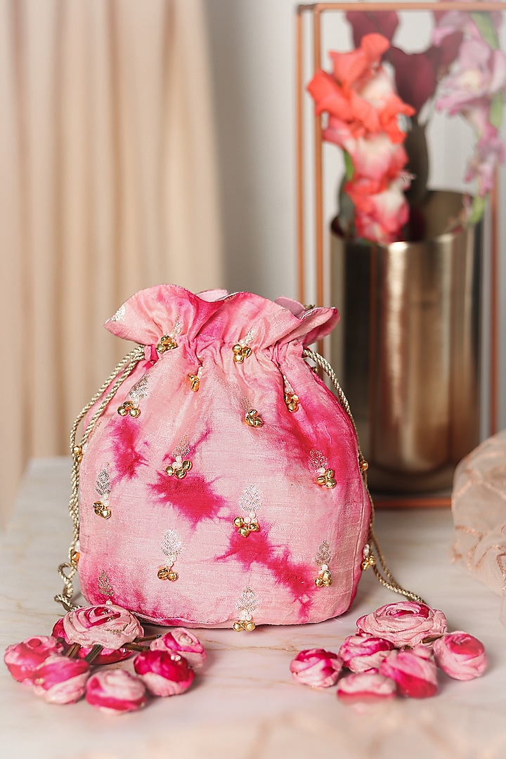 Hot Pink Cotton Satin Tie-Dye Potli by Vareli Bafna Designs