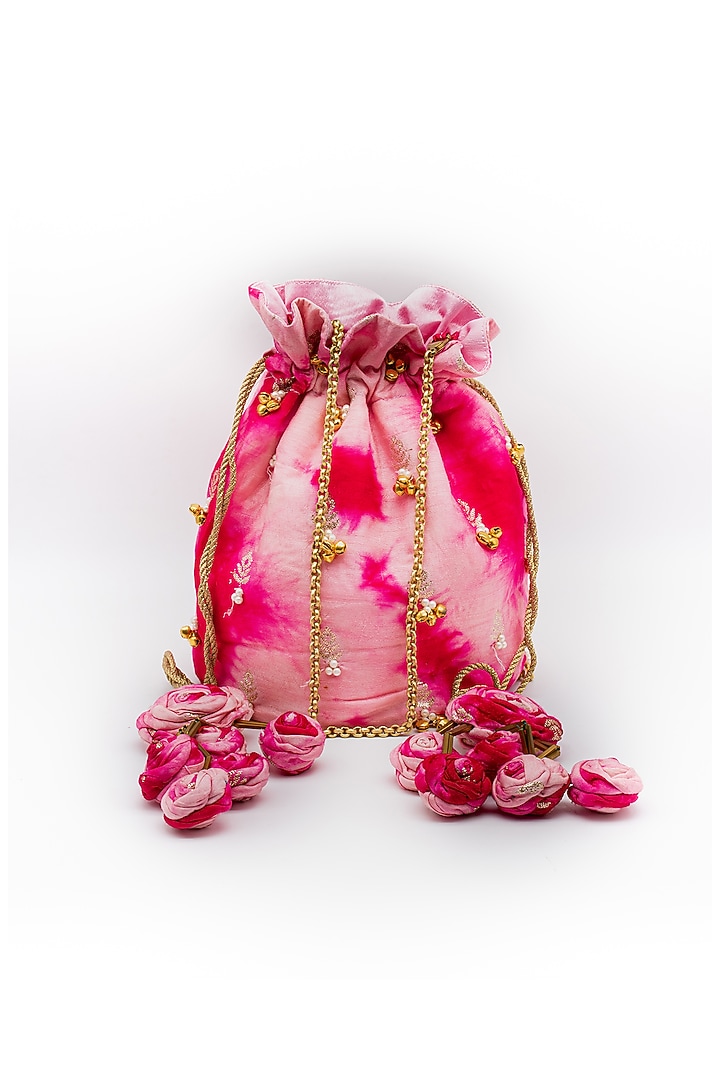 Hot Pink Cotton Satin Tie-Dye Potli by Vareli Bafna Designs at Pernia's Pop Up Shop