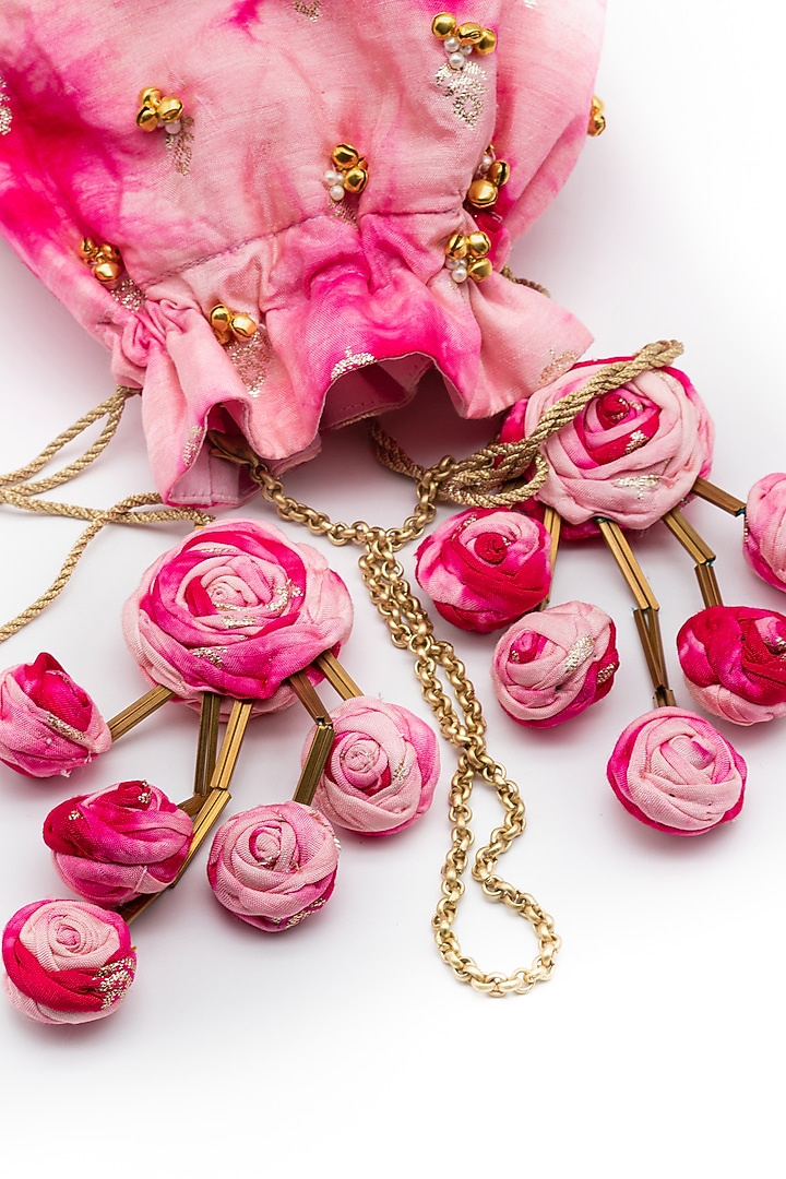 Hot Pink Cotton Satin Tie-Dye Potli by Vareli Bafna Designs at Pernia's Pop Up Shop