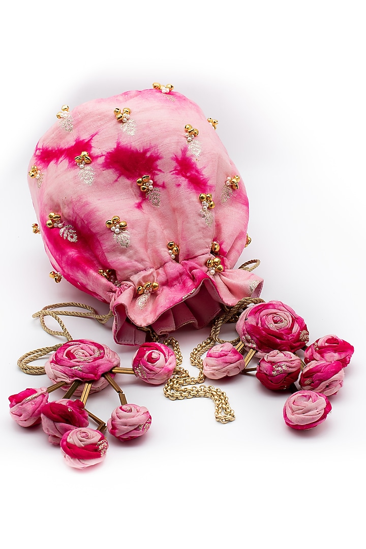 Hot Pink Cotton Satin Tie-Dye Potli by Vareli Bafna Designs at Pernia's Pop Up Shop