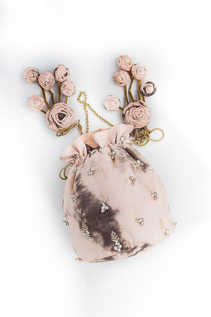 Beige Cotton Satin Embellished Potli by Vareli Bafna Designs at Pernia's Pop Up Shop