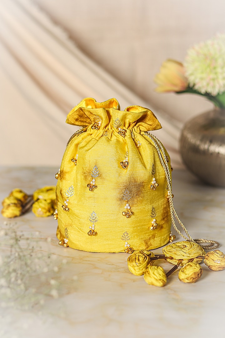 Yellow Cotton Satin Tie-Dye Potli by Vareli Bafna Designs