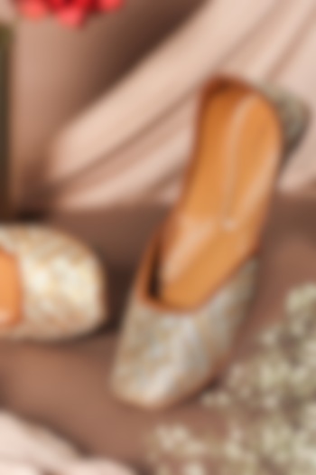 Golden Silver Raw Silk Embellished Juttis by Vareli Bafna Designs at Pernia's Pop Up Shop