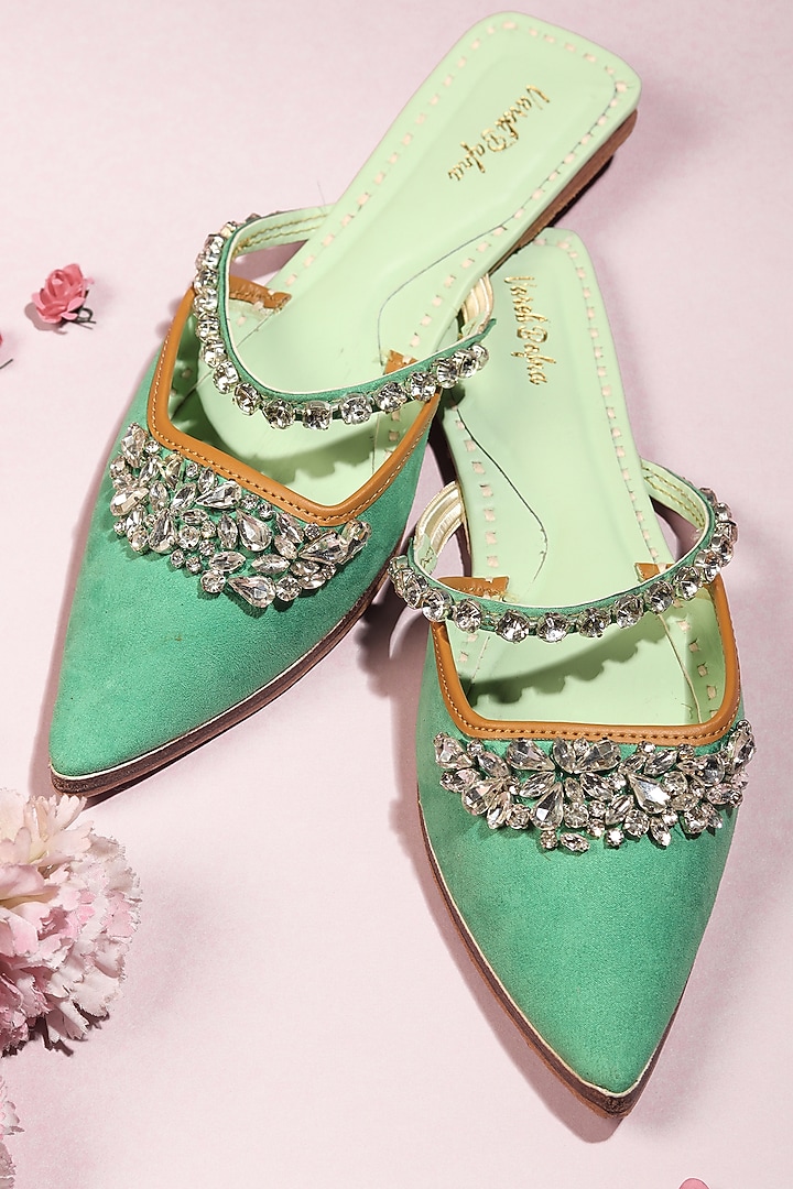 Green Suede Embellished Juttis by Vareli Bafna Designs at Pernia's Pop Up Shop