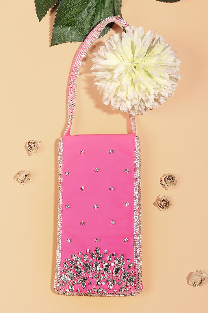 Bright Pink Faux Leather Embellished Mobile Pouch by Vareli Bafna Designs
