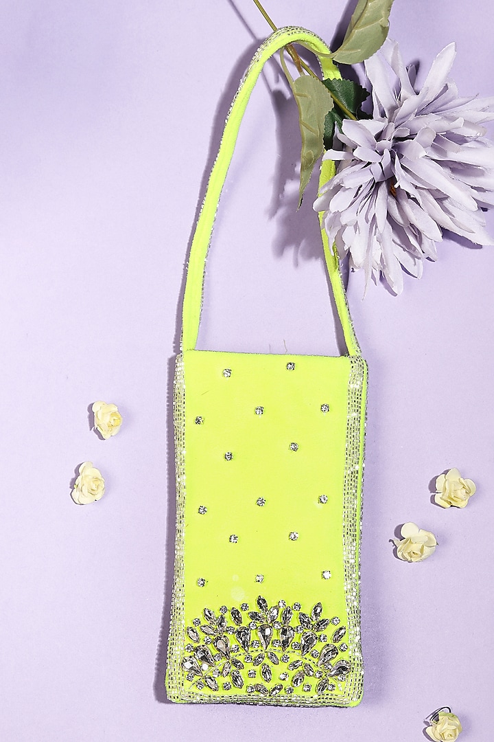 Neon Yellow Suede Embellished Mobile Pouch by Vareli Bafna Designs