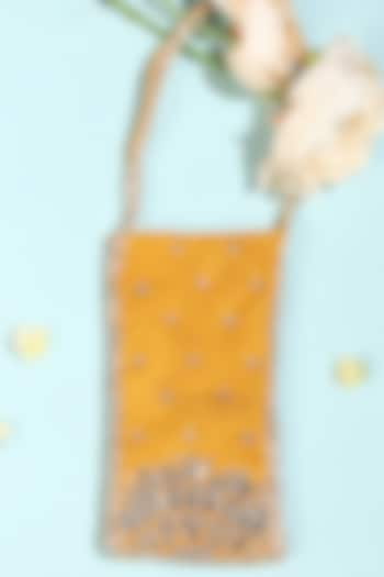 Mustard Suede Embellished Mobile Pouch by Vareli Bafna Designs at Pernia's Pop Up Shop