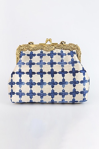 Off White Printed Potli Clutch With Jaal Work by Vareli Bafna Designs